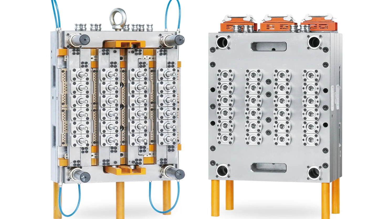 Open 24-cavity PET preform mold with four columns of six cavities